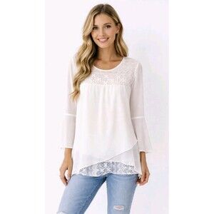 Krazy Kat Women Blouse XL White Boho Lace Sheer Long Bell Sleeve Layered Top